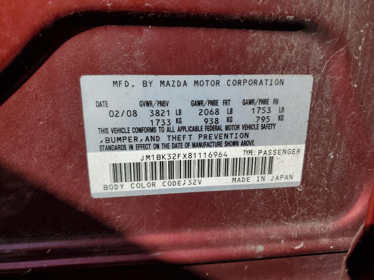 2008 Mazda 3 I VIN: JM1BK32FX81116964 Lot: 81841685