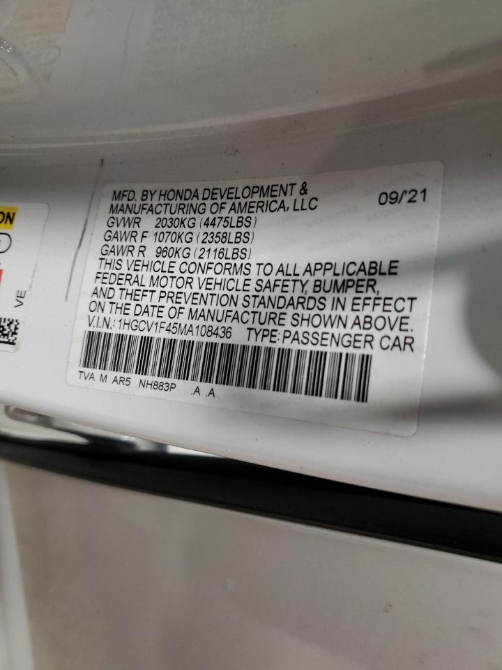 2021 Honda Accord Sport Se VIN: 1HGCV1F45MA108436 Lot: 84598565