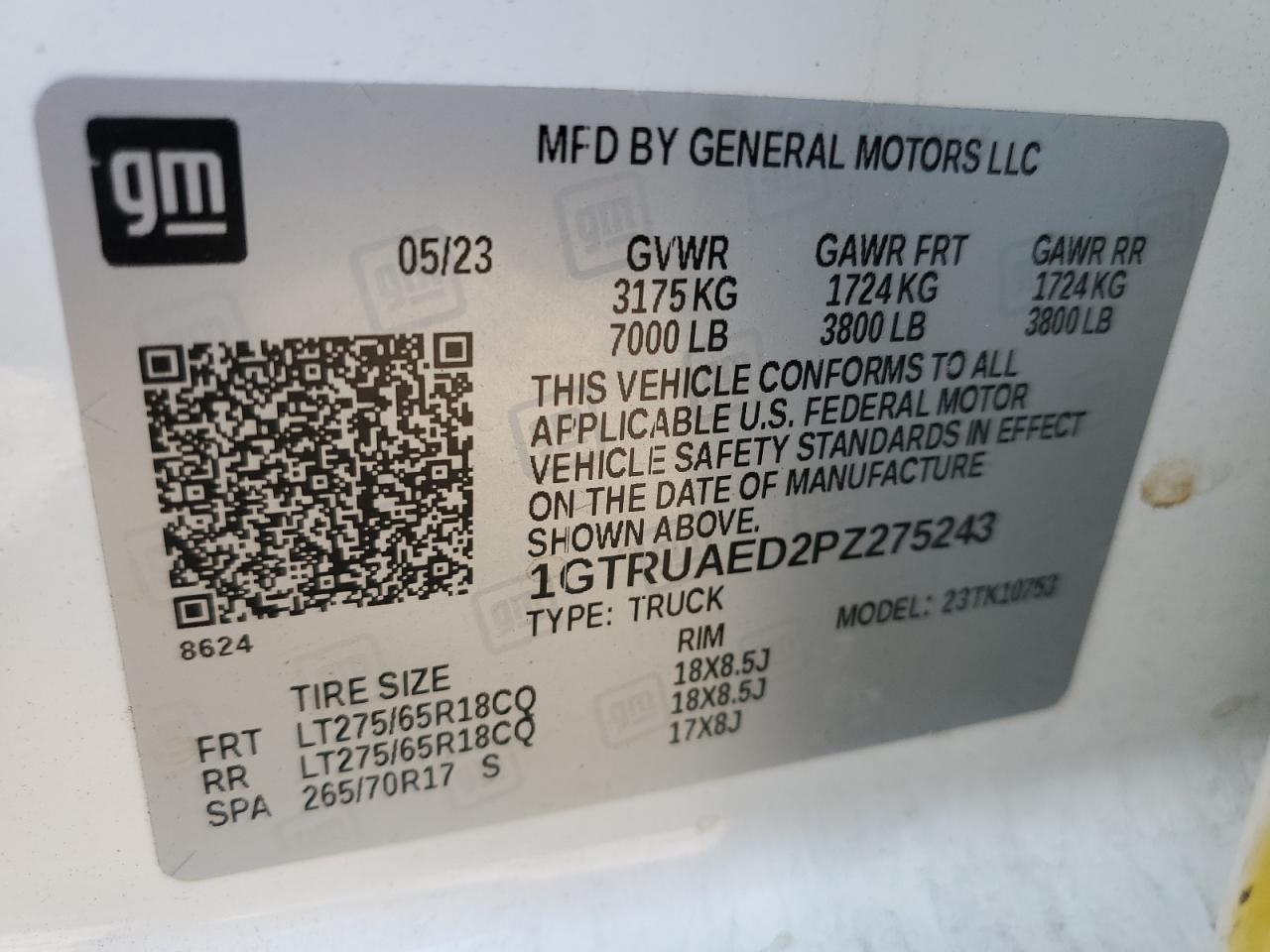 2023 GMC Sierra K1500 VIN: 1GTRUAED2PZ275243 Lot: 70943945