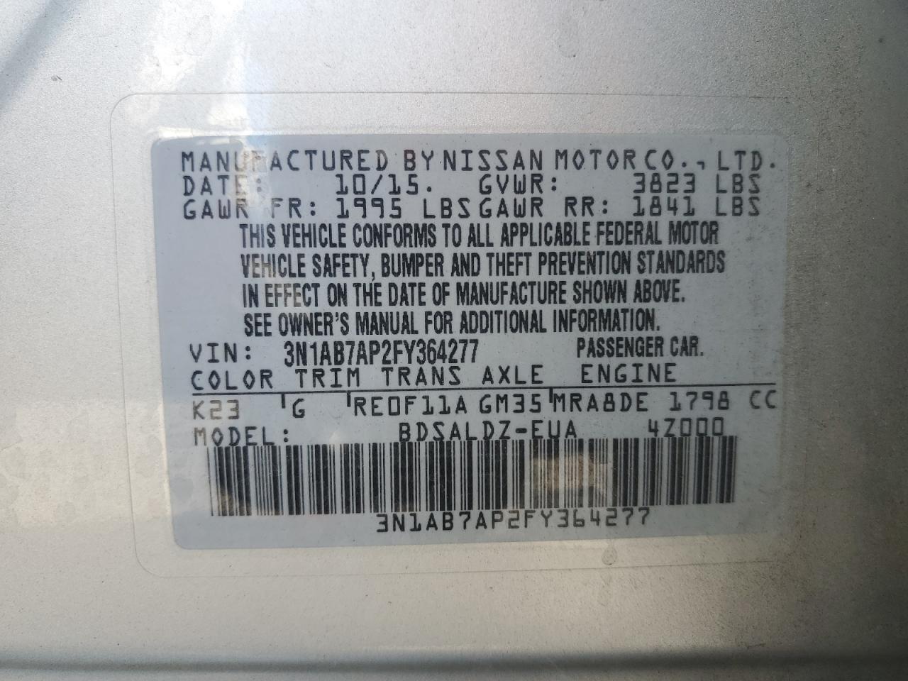 2015 Nissan Sentra S VIN: 3N1AB7AP2FY364277 Lot: 81514495