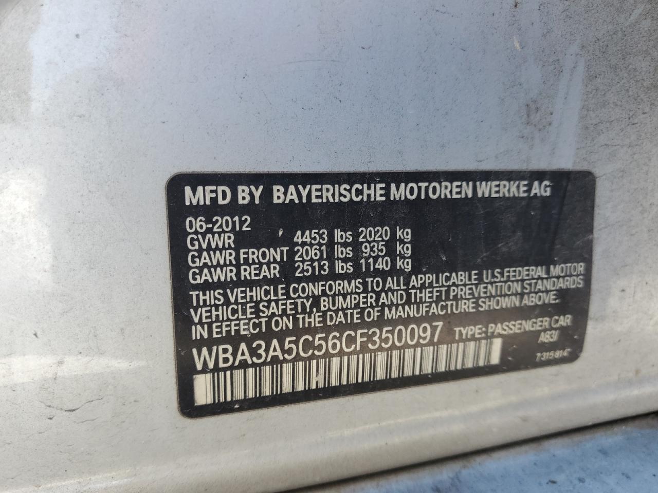 2012 BMW 328 I VIN: WBA3A5C56CF350097 Lot: 81885915