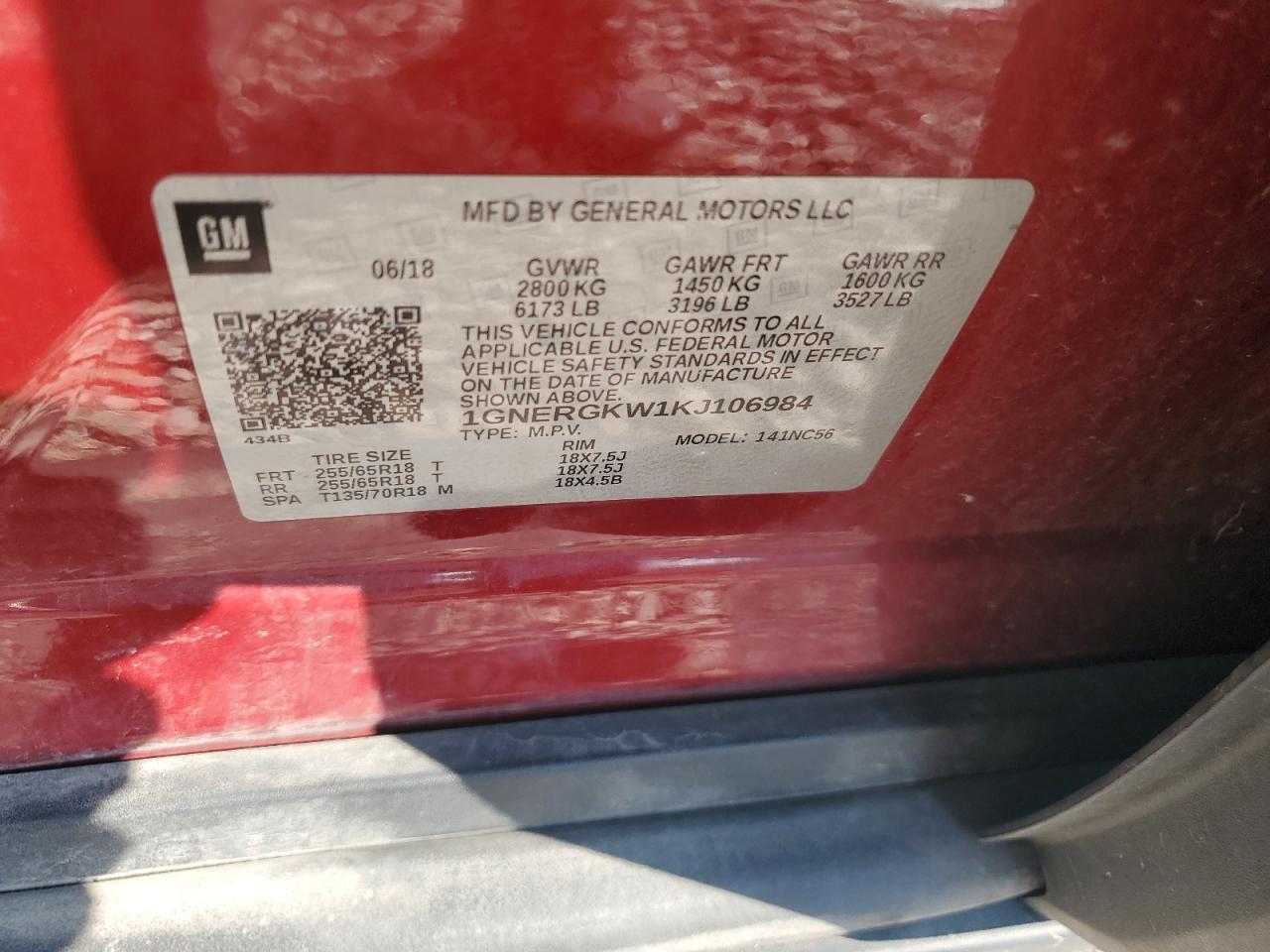 2019 Chevrolet Traverse Lt VIN: 1GNERGKW1KJ106984 Lot: 71882665