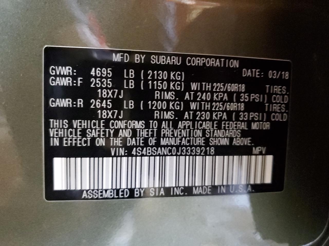 2018 Subaru Outback 2.5I Limited VIN: 4S4BSANC0J3339218 Lot: 81298065