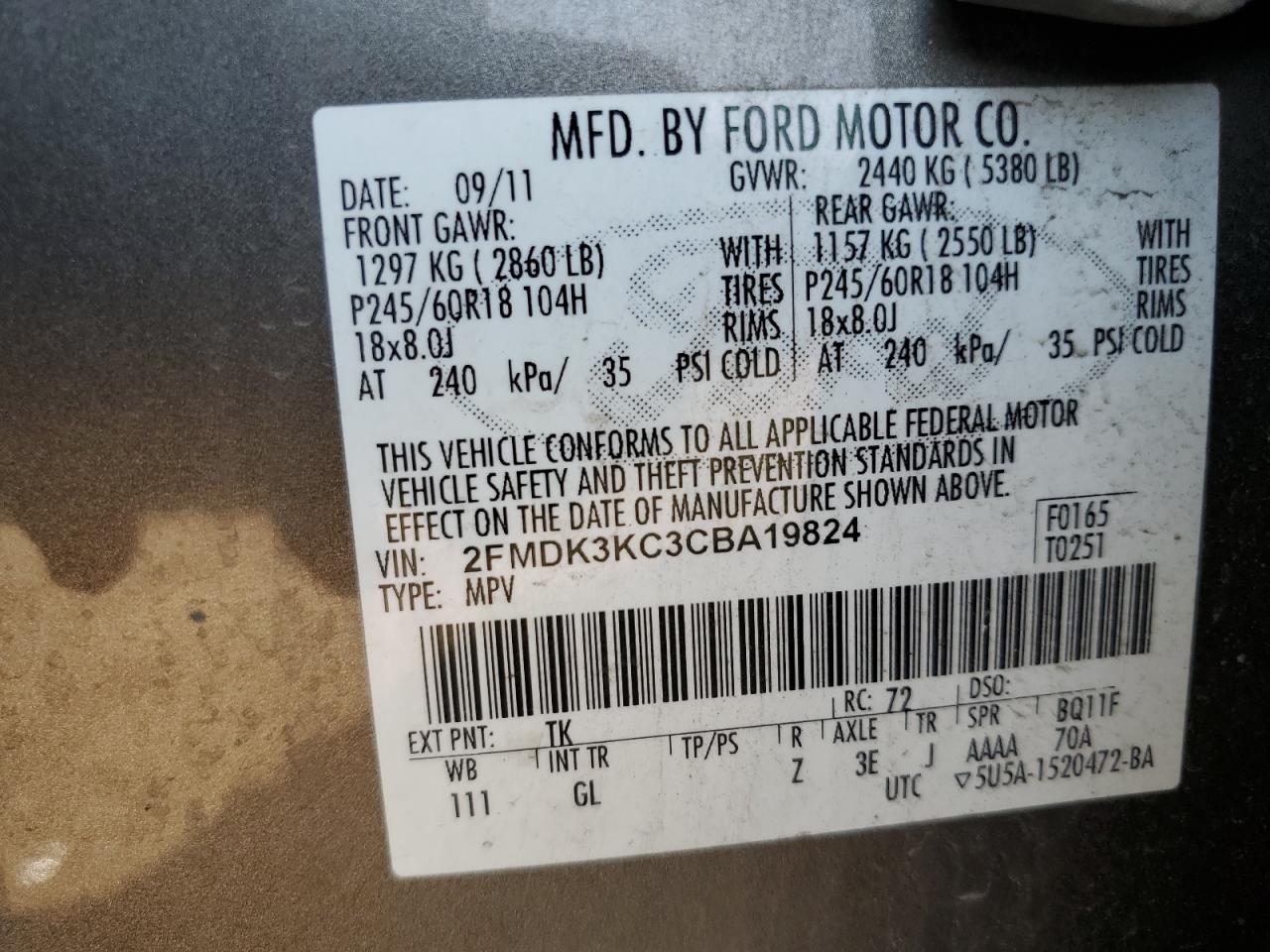 2012 Ford Edge Limited VIN: 2FMDK3KC3CBA19824 Lot: 80267195