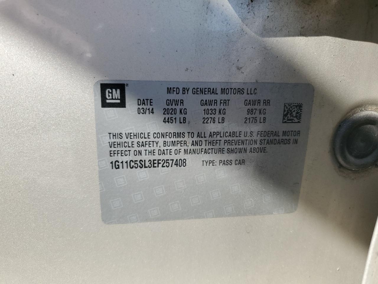 2014 Chevrolet Malibu 1Lt VIN: 1G11C5SL3EF257408 Lot: 80523805