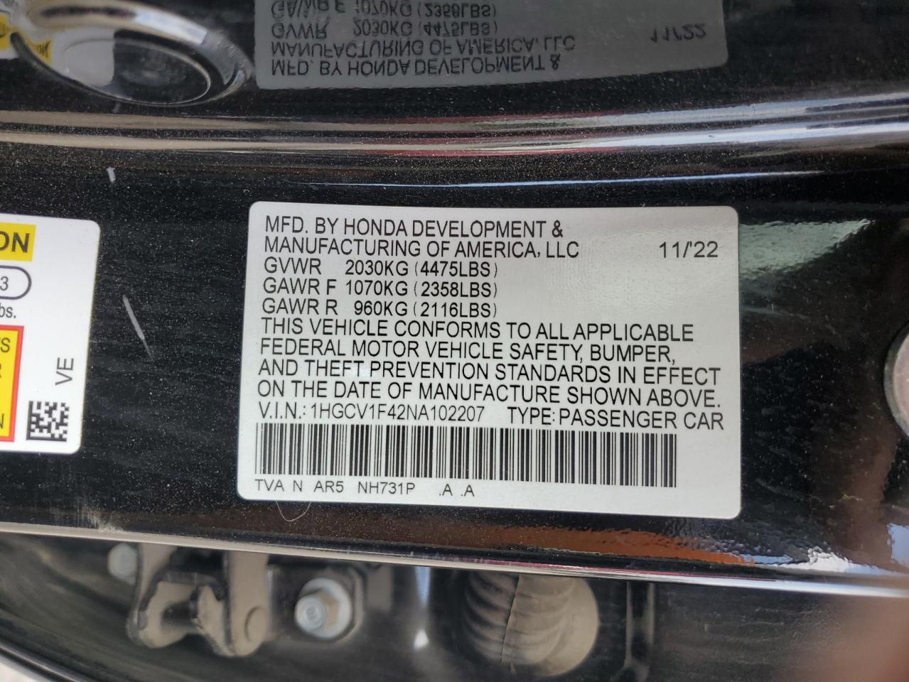 2022 Honda Accord Sport Se VIN: 1HGCV1F42NA102207 Lot: 81491635