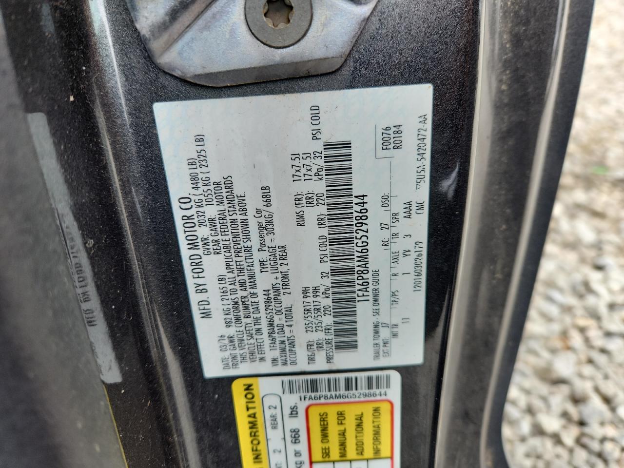 2016 Ford Mustang VIN: 1FA6P8AM6G5298644 Lot: 84569485