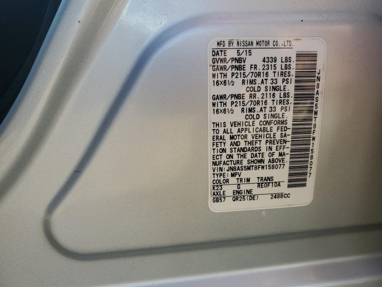 2015 Nissan Rogue Select S VIN: JN8AS5MT8FW158077 Lot: 81795935