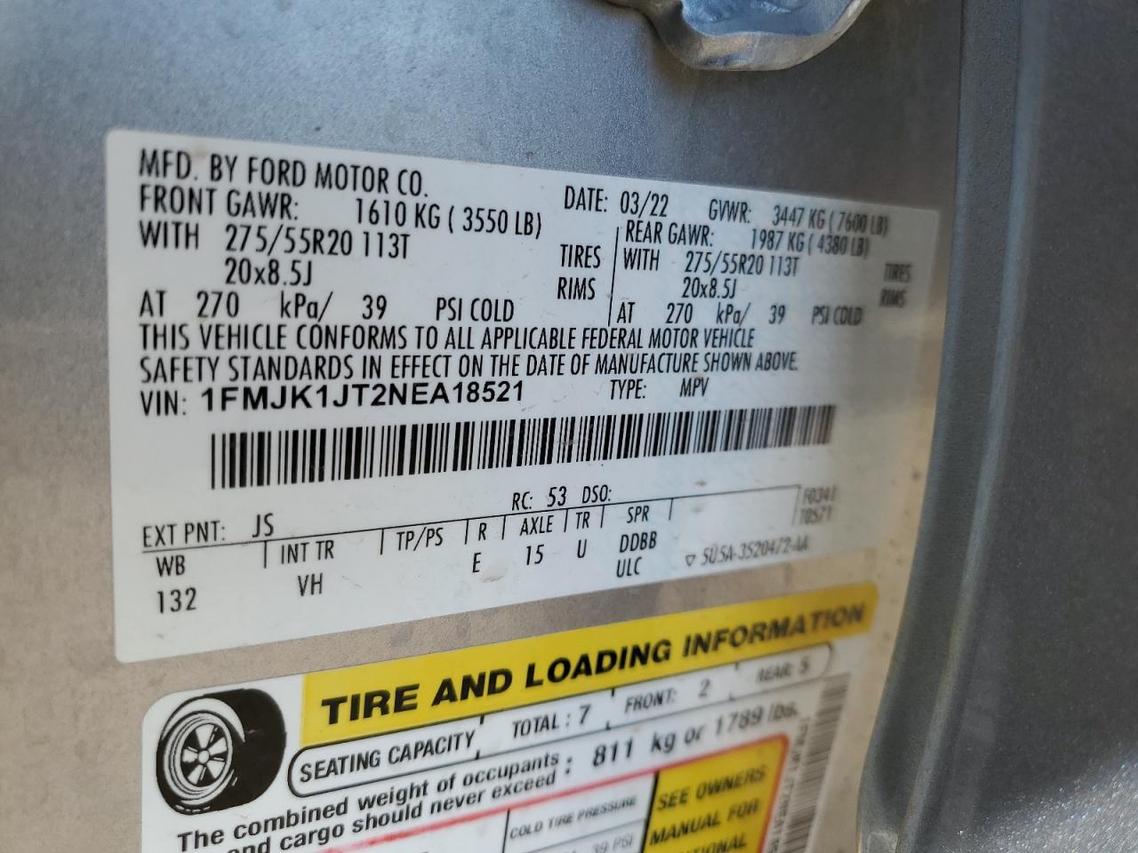 2022 Ford Expedition Max Xlt VIN: 1FMJK1JT2NEA18521 Lot: 84545375