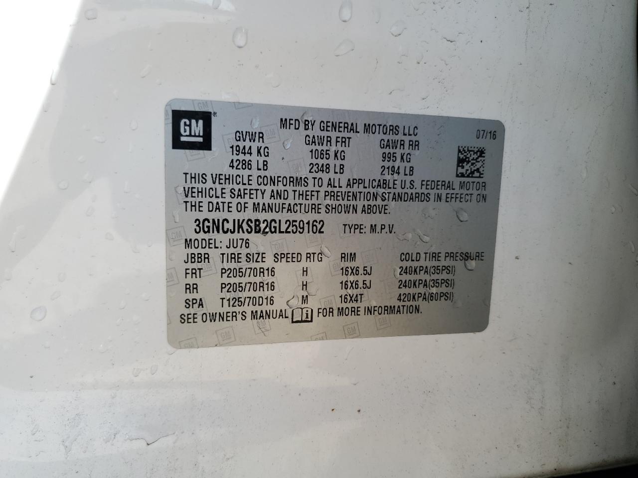 2016 Chevrolet Trax Ls VIN: 3GNCJKSB2GL259162 Lot: 80310515