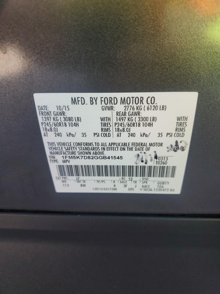 2016 Ford Explorer Xlt VIN: 1FM5K7D82GGB41545 Lot: 84057915