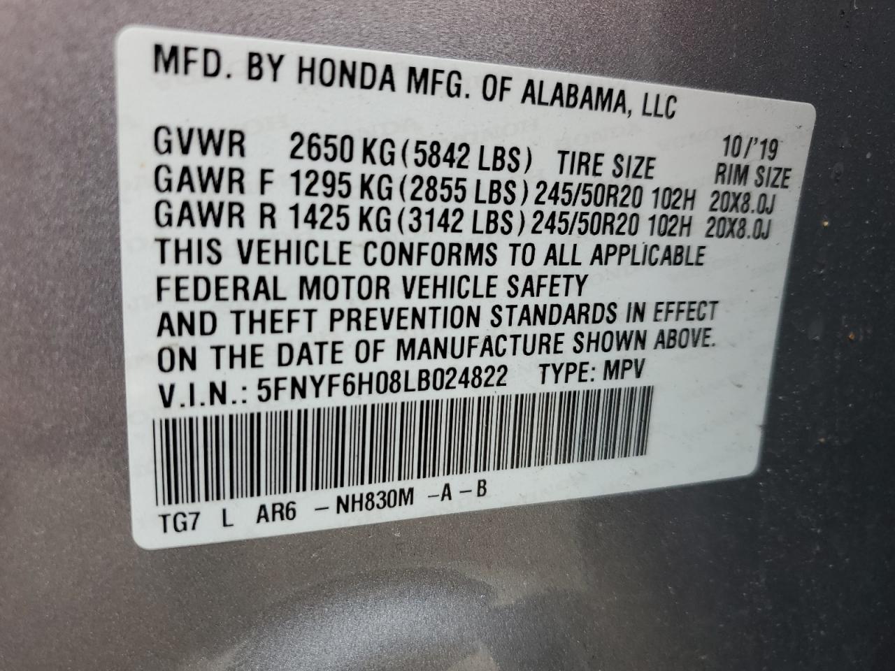 2020 Honda Pilot Elite VIN: 5FNYF6H08LB024822 Lot: 80502045
