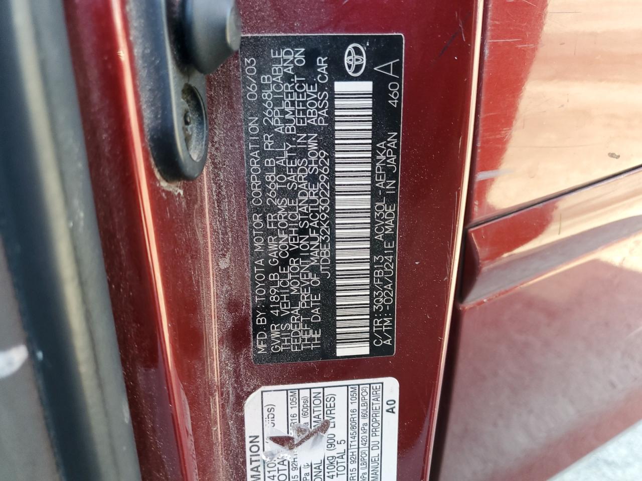 2003 Toyota Camry Le VIN: JTDBE32K930229629 Lot: 81698515