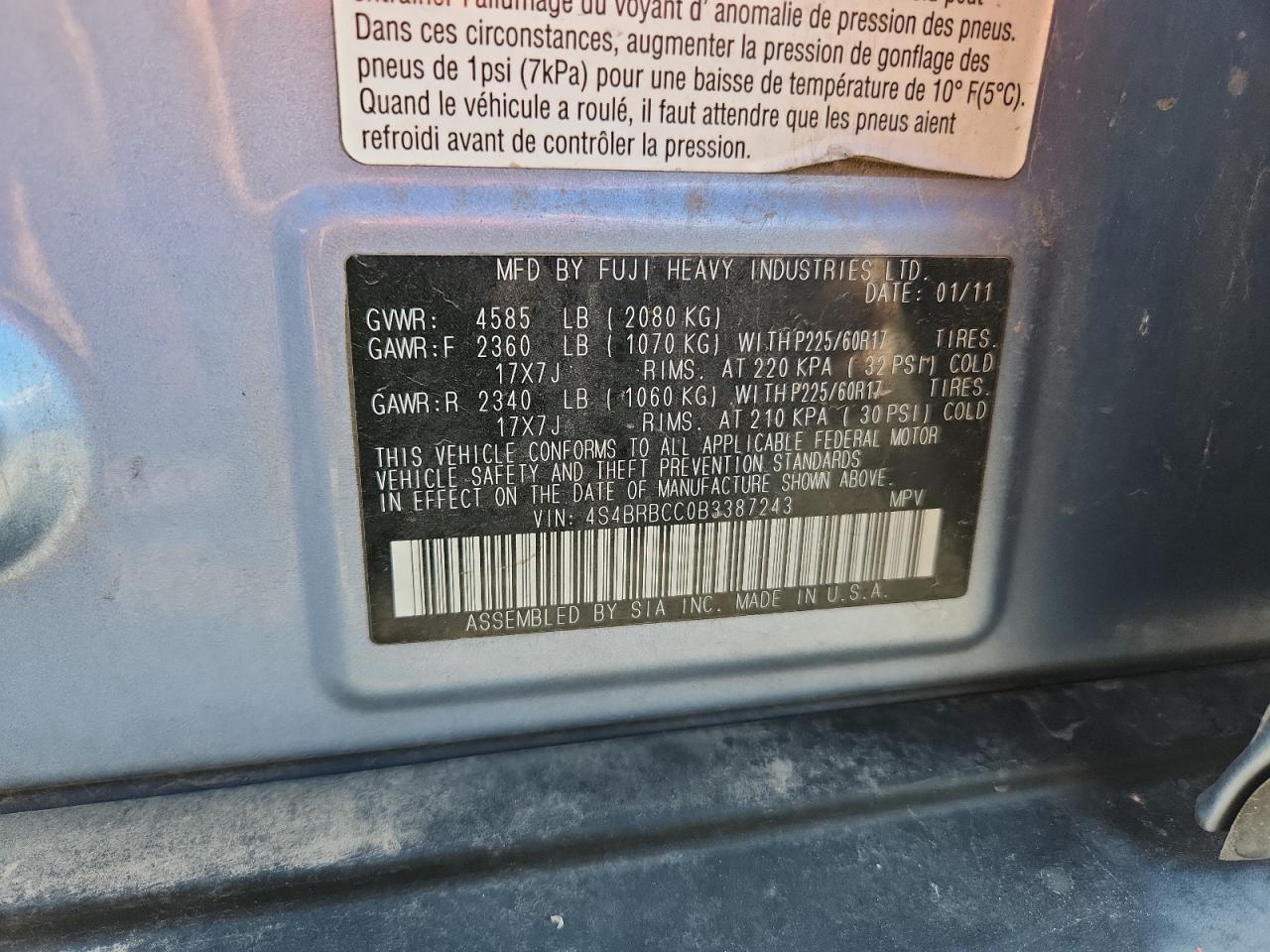 2011 Subaru Outback 2.5I Premium VIN: 4S4BRBCC0B3387243 Lot: 81885525