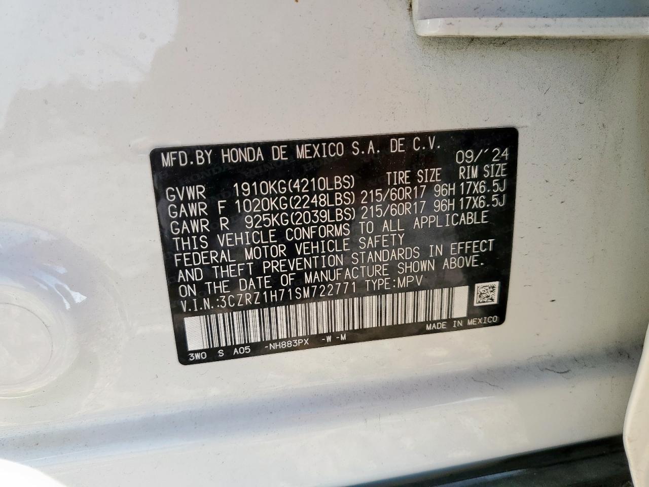 2025 Honda Hr-V Exl VIN: 3CZRZ1H71SM722771 Lot: 80155165