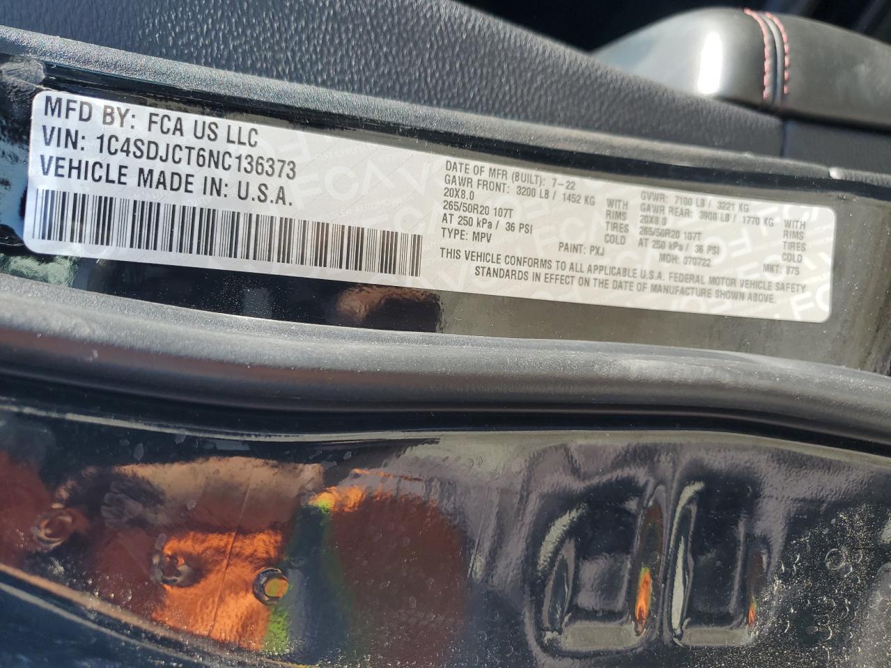 2022 Dodge Durango R/T VIN: 1C4SDJCT6NC136373 Lot: 80183345