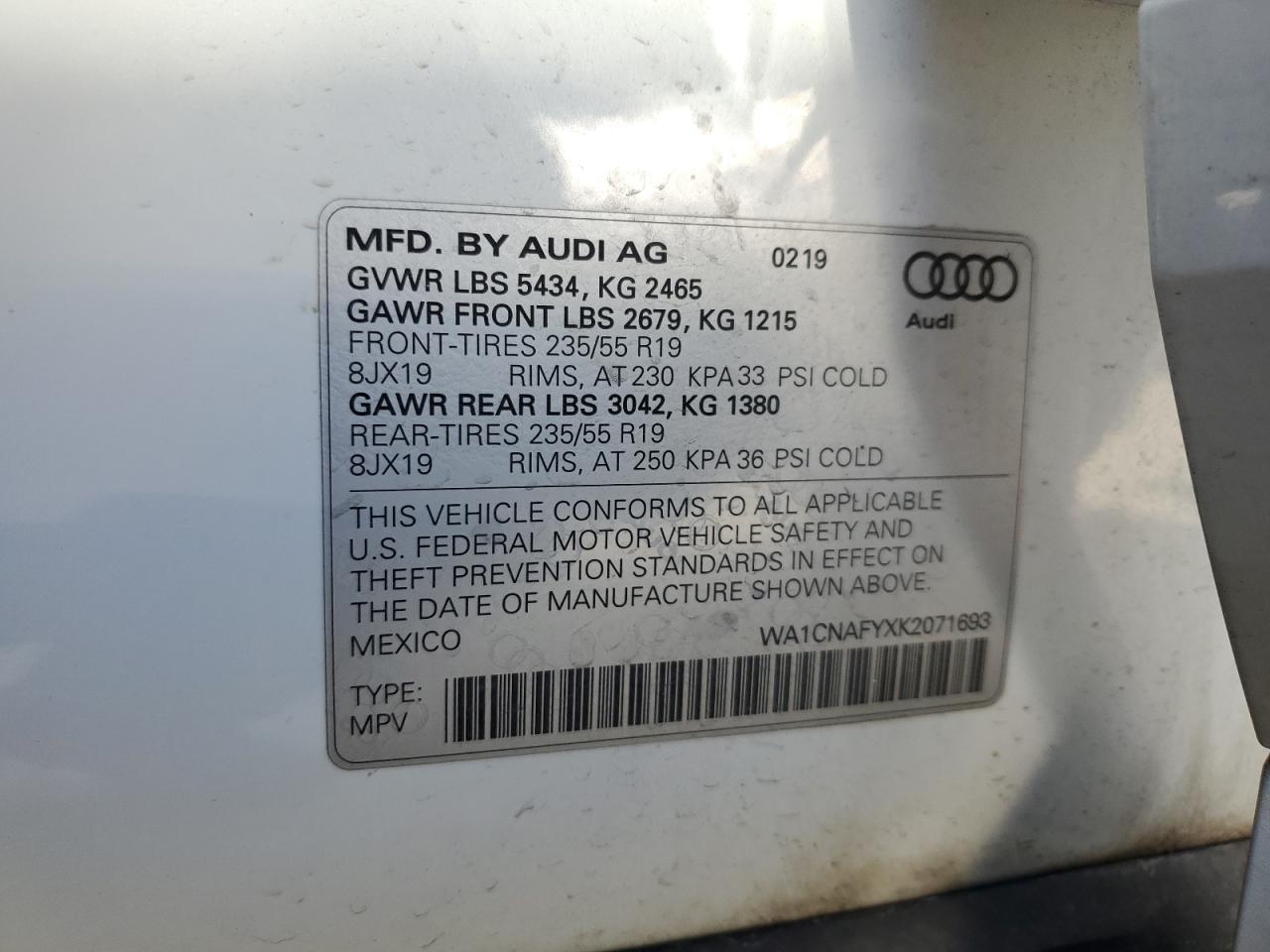 2019 Audi Q5 Prestige VIN: WA1CNAFYXK2071693 Lot: 81803025