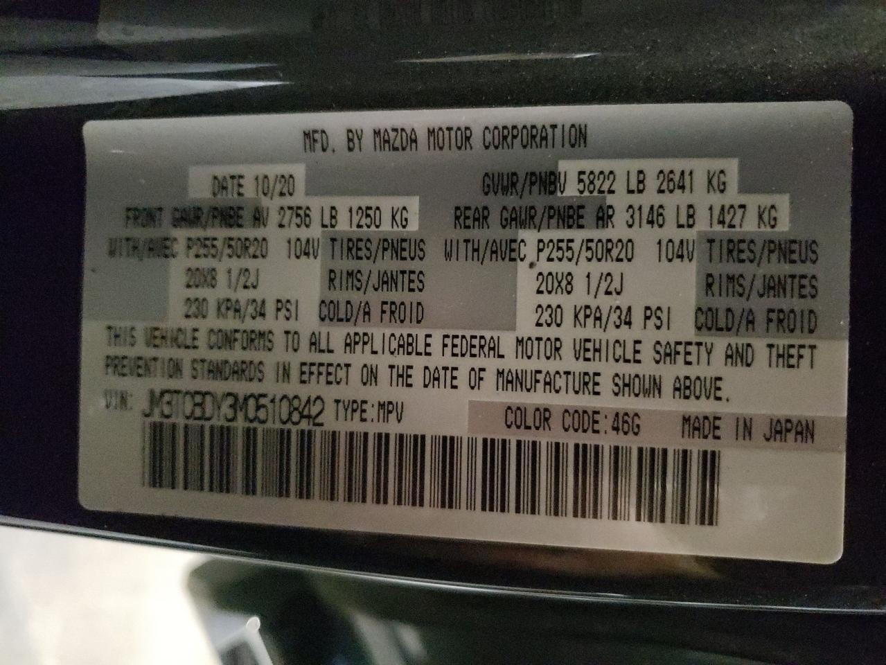 2021 Mazda Cx-9 Grand Touring VIN: JM3TCBDY3M0510842 Lot: 81149715