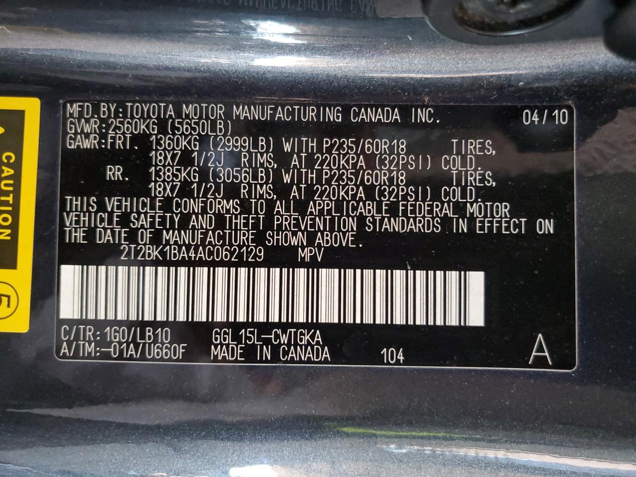 2010 Lexus Rx 350 VIN: 2T2BK1BA4AC062129 Lot: 81698995