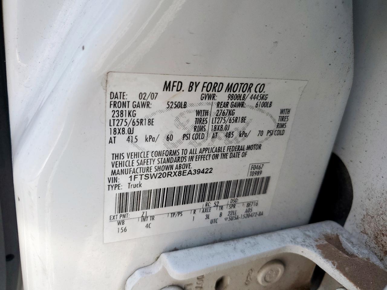 2008 Ford F250 Super Duty VIN: 1FTSW20RX8EA39422 Lot: 83791275