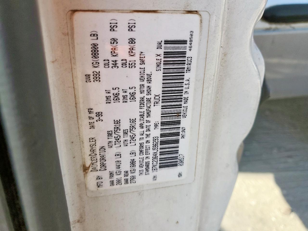 1999 Dodge Ram 2500 VIN: 1B7KC2364XJ596293 Lot: 80265965