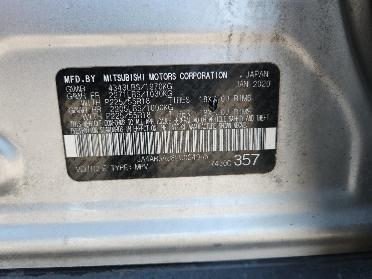 2020 Mitsubishi Outlander Sport Es VIN: JA4AR3AU8LU024955 Lot: 71280475