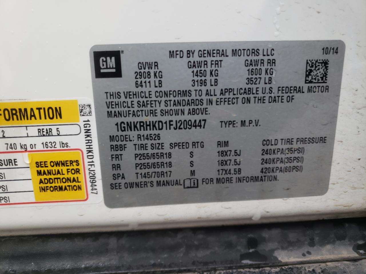 2015 Chevrolet Traverse Lt VIN: 1GNKRHKD1FJ209447 Lot: 71116855