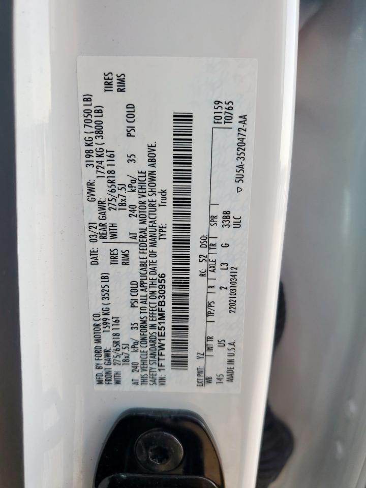 2021 Ford F150 Supercrew VIN: 1FTFW1E51MFB30956 Lot: 80738035