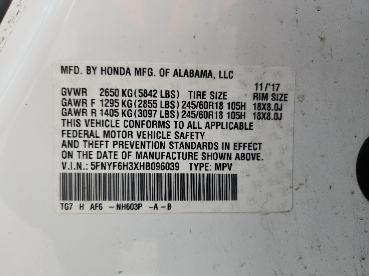 2017 Honda Pilot Ex VIN: 5FNYF6H3XHB096039 Lot: 72047405