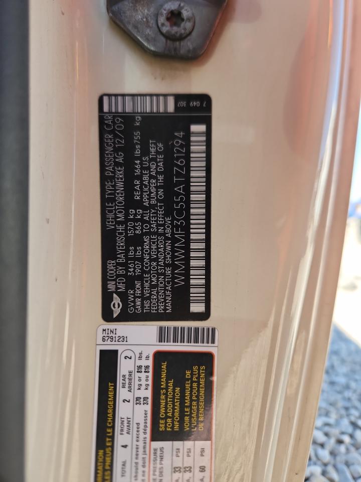 2010 Mini Cooper VIN: WMWMF3C55ATZ61294 Lot: 72004665