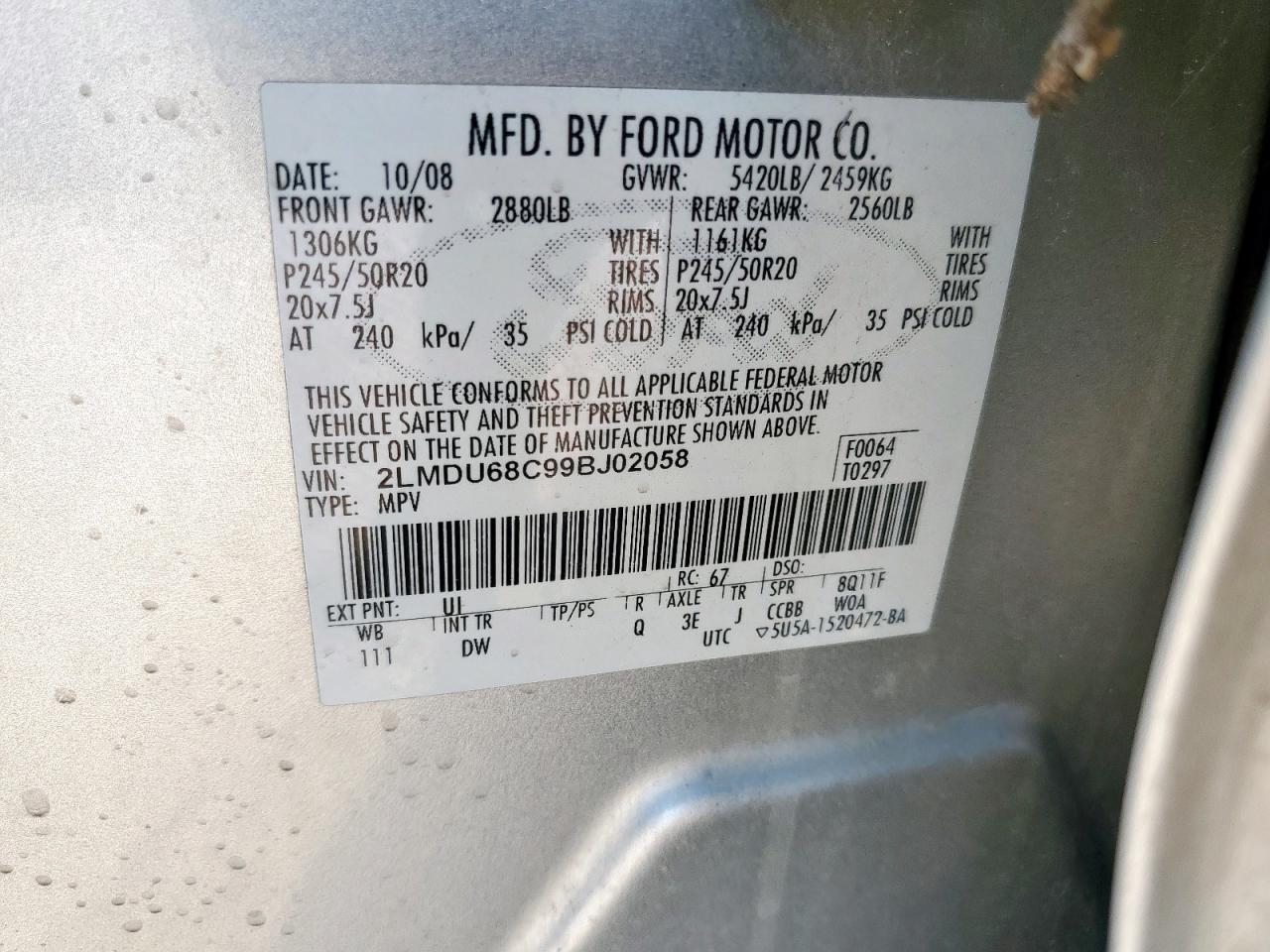 2009 Lincoln Mkx VIN: 2LMDU68C99BJ02058 Lot: 71985095