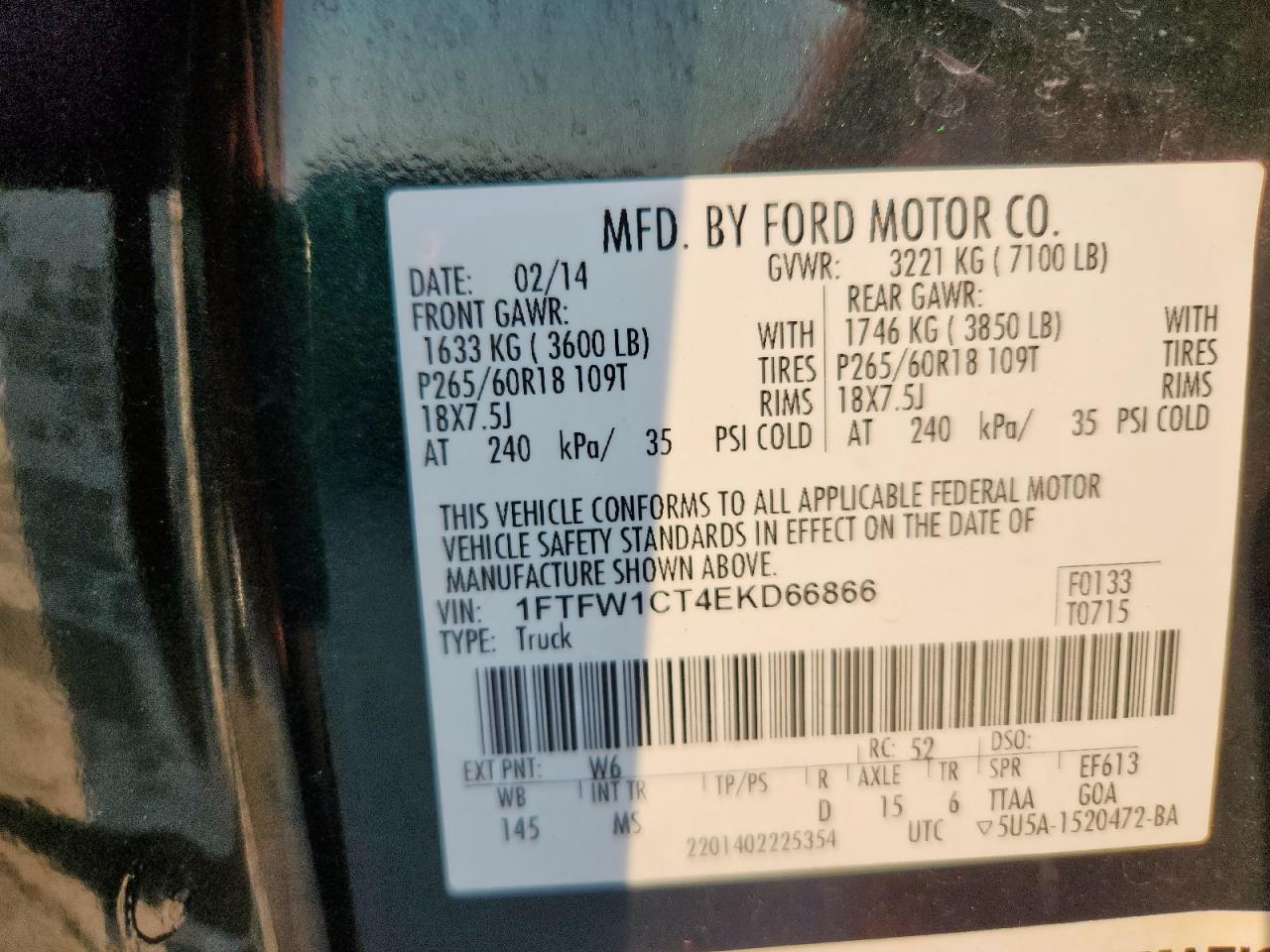 2014 Ford F150 Supercrew VIN: 1FTFW1CT4EKD66866 Lot: 71515325