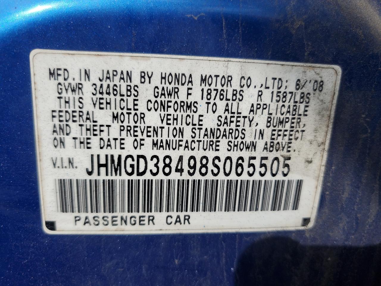 2008 Honda Fit VIN: JHMGD38498S065505 Lot: 80680435