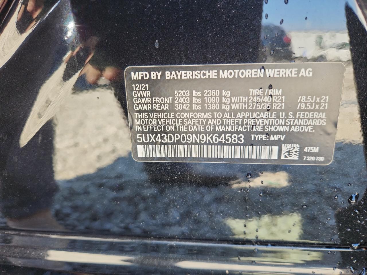 2022 BMW X3 Sdrive30I VIN: 5UX43DP09N9K64583 Lot: 82153945