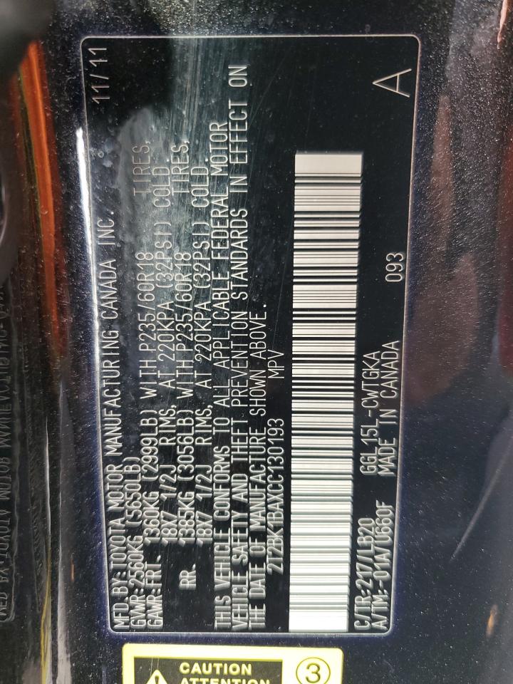 2012 Lexus Rx 350 VIN: 2T2BK1BAXCC130193 Lot: 71660625