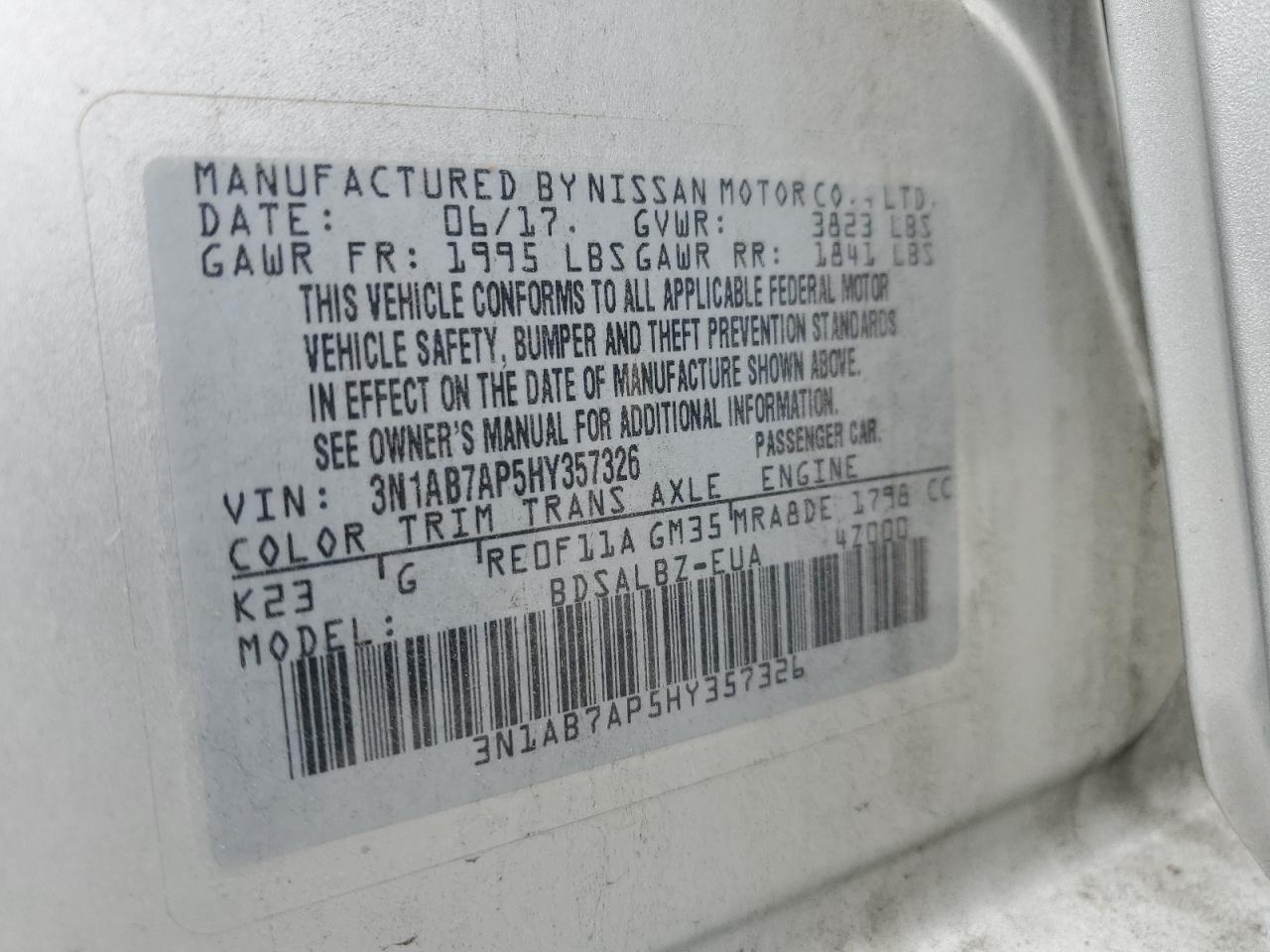 2017 Nissan Sentra S VIN: 3N1AB7AP5HY357326 Lot: 81852965