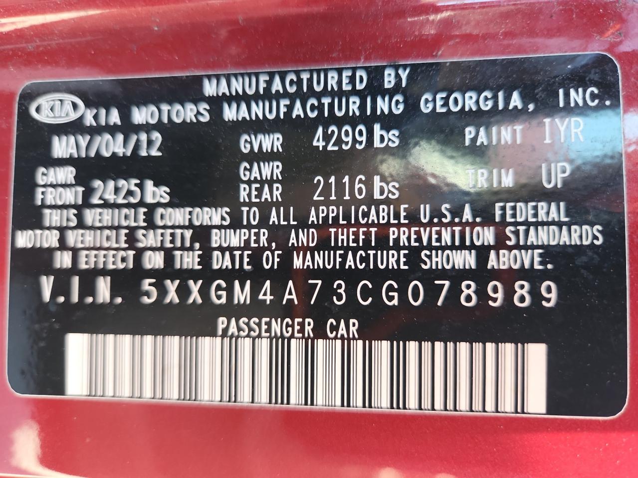 2012 Kia Optima Lx VIN: 5XXGM4A73CG078989 Lot: 71531945