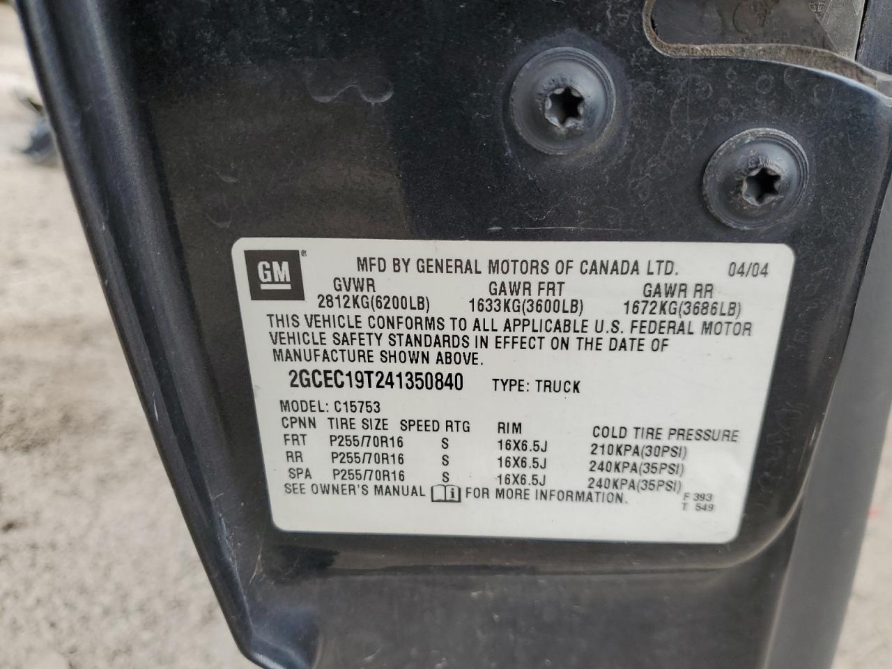 2004 Chevrolet Silverado C1500 VIN: 2GCEC19T241350840 Lot: 83781905