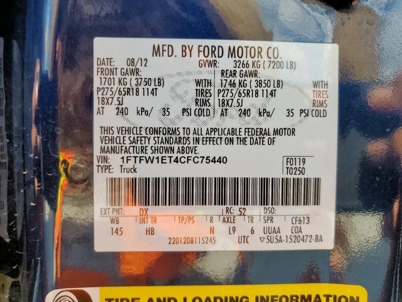 2012 Ford F150 Supercrew VIN: 1FTFW1ET4CFC75440 Lot: 83812625