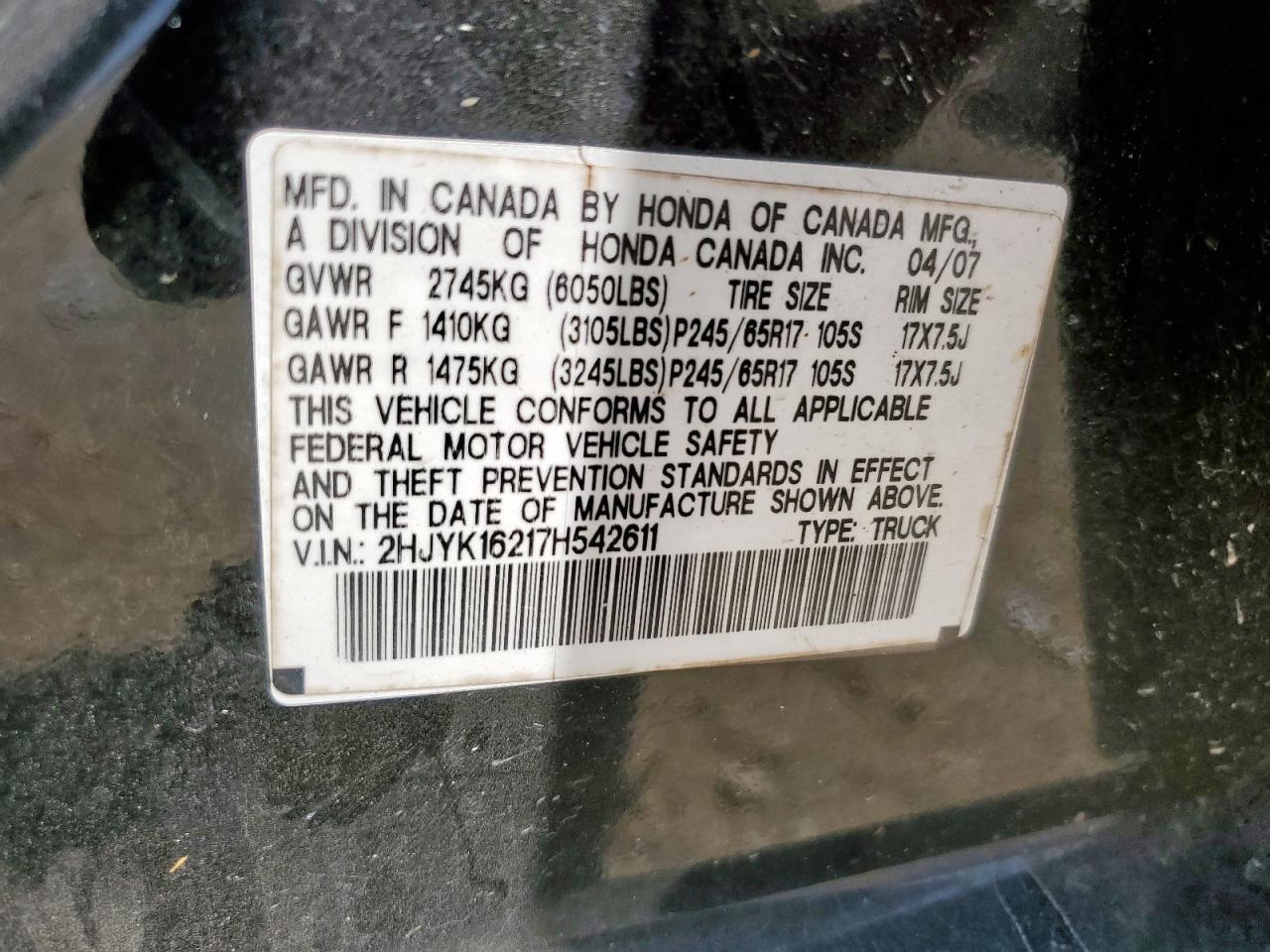 2007 Honda Ridgeline Rt VIN: 2HJYK16217H542611 Lot: 80985415