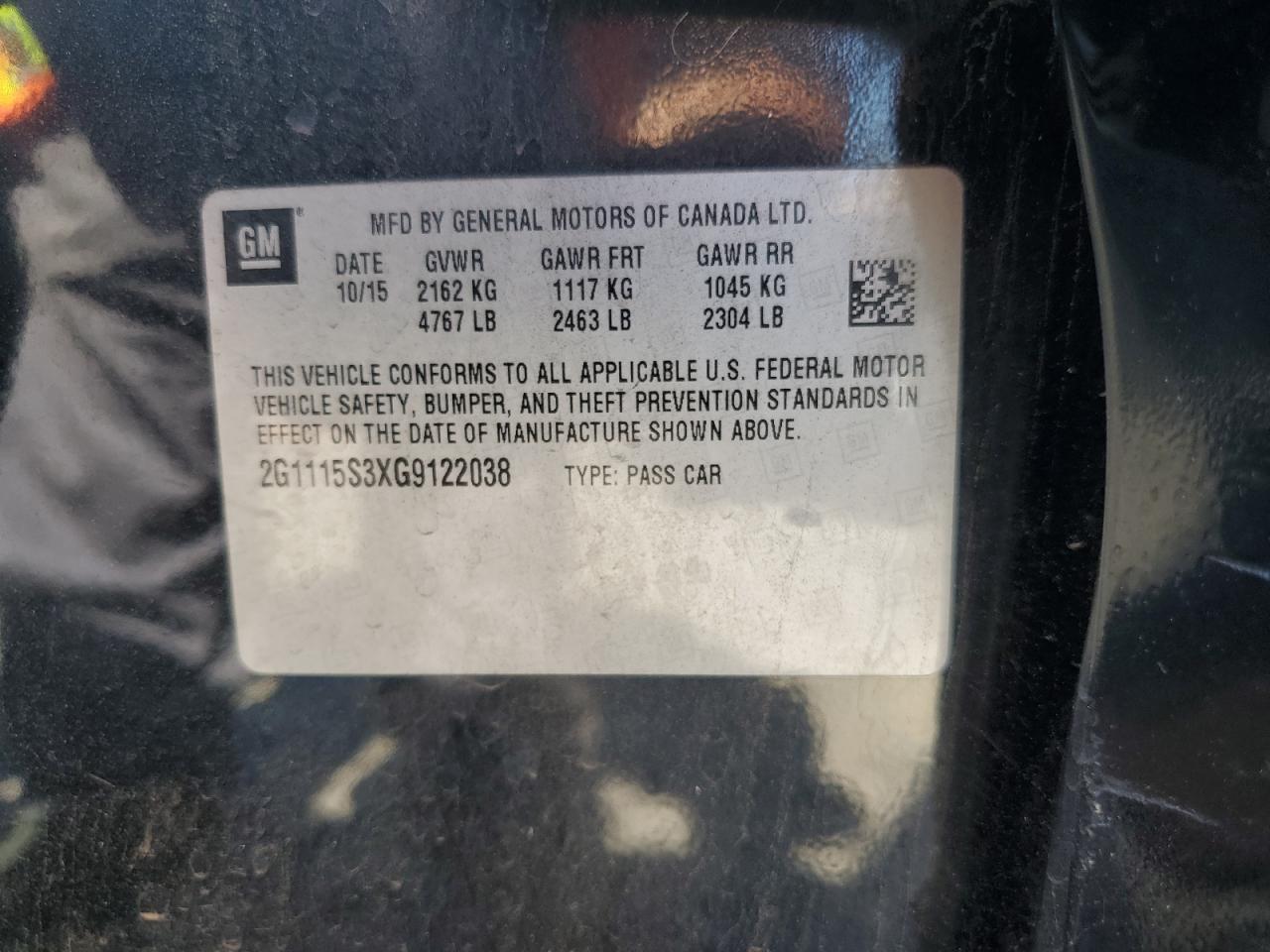 2016 Chevrolet Impala Lt VIN: 2G1115S3XG9122038 Lot: 80562395