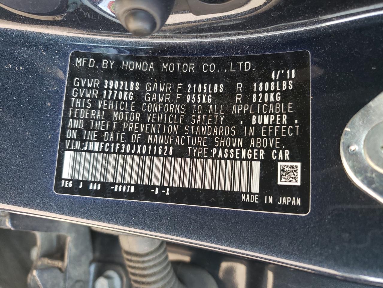 2018 Honda Civic Ex VIN: JHMFC1F30JX011628 Lot: 71844455