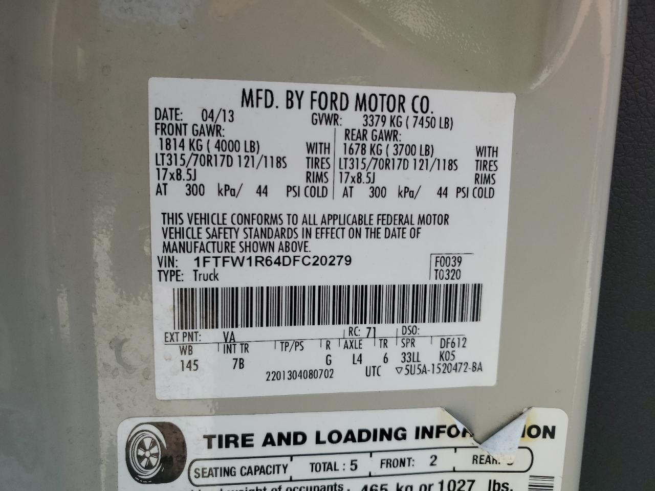 2013 Ford F150 Svt Raptor VIN: 1FTFW1R64DFC20279 Lot: 71619425