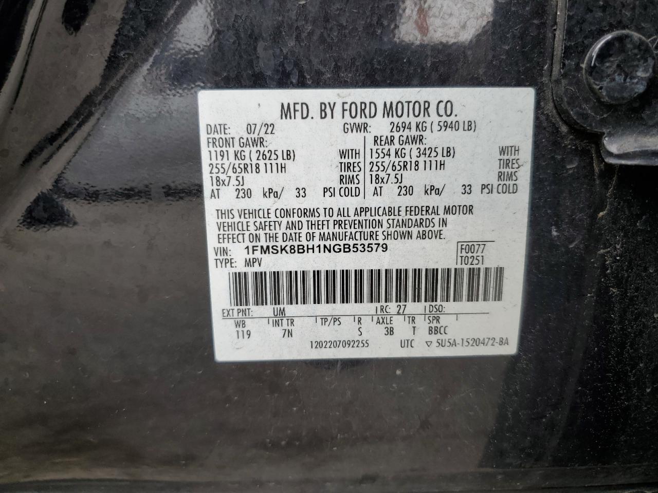 2022 Ford Explorer VIN: 1FMSK8BH1NGB53579 Lot: 83889265