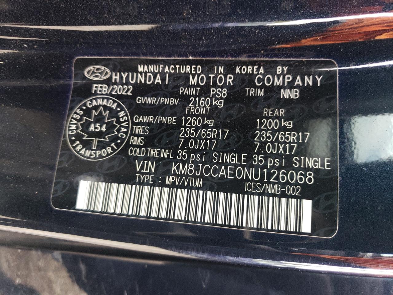 2022 Hyundai Tucson Sel VIN: KM8JCCAE0NU126068 Lot: 81199815