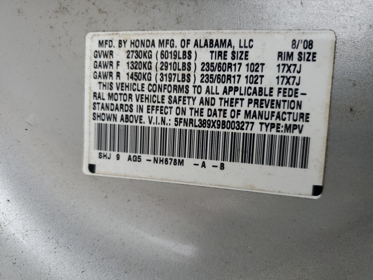 2009 Honda Odyssey Touring VIN: 5FNRL389X9B003277 Lot: 81548045