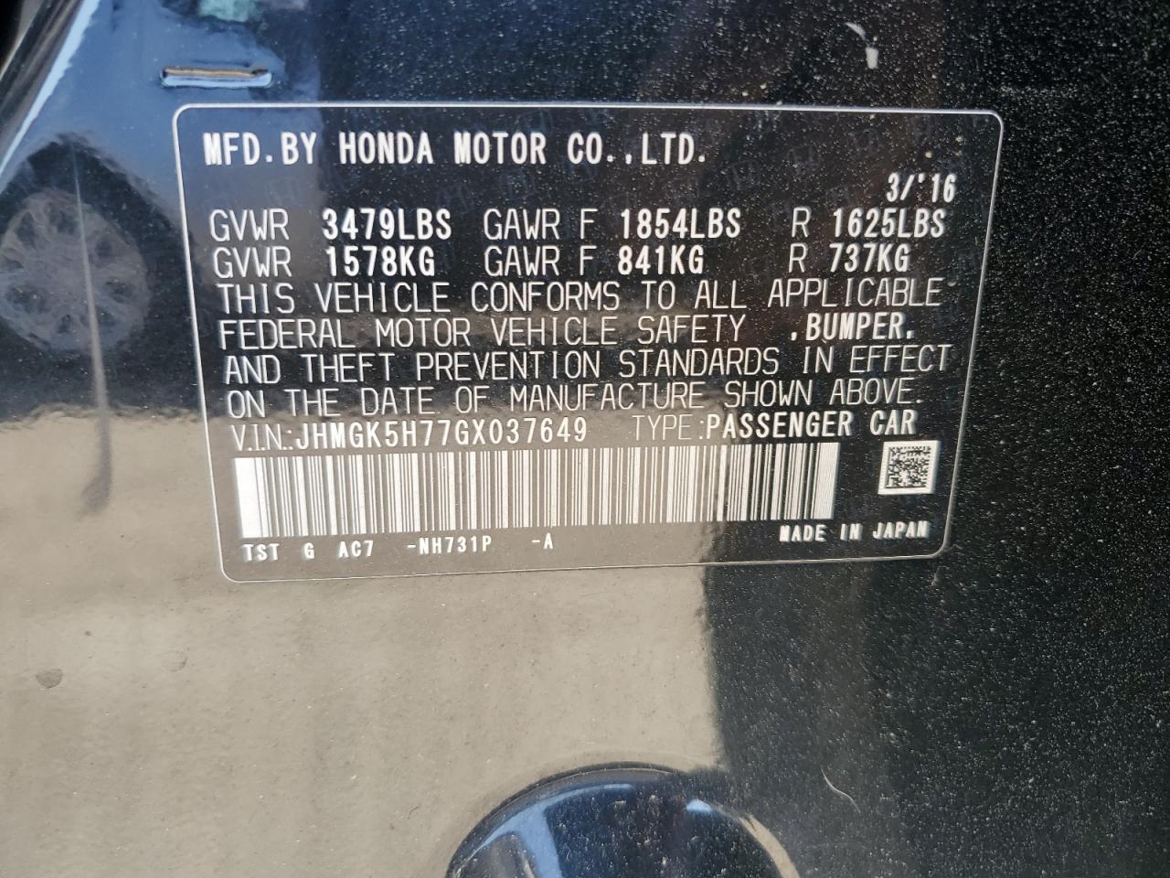 2016 Honda Fit Ex VIN: JHMGK5H77GX037649 Lot: 71784915