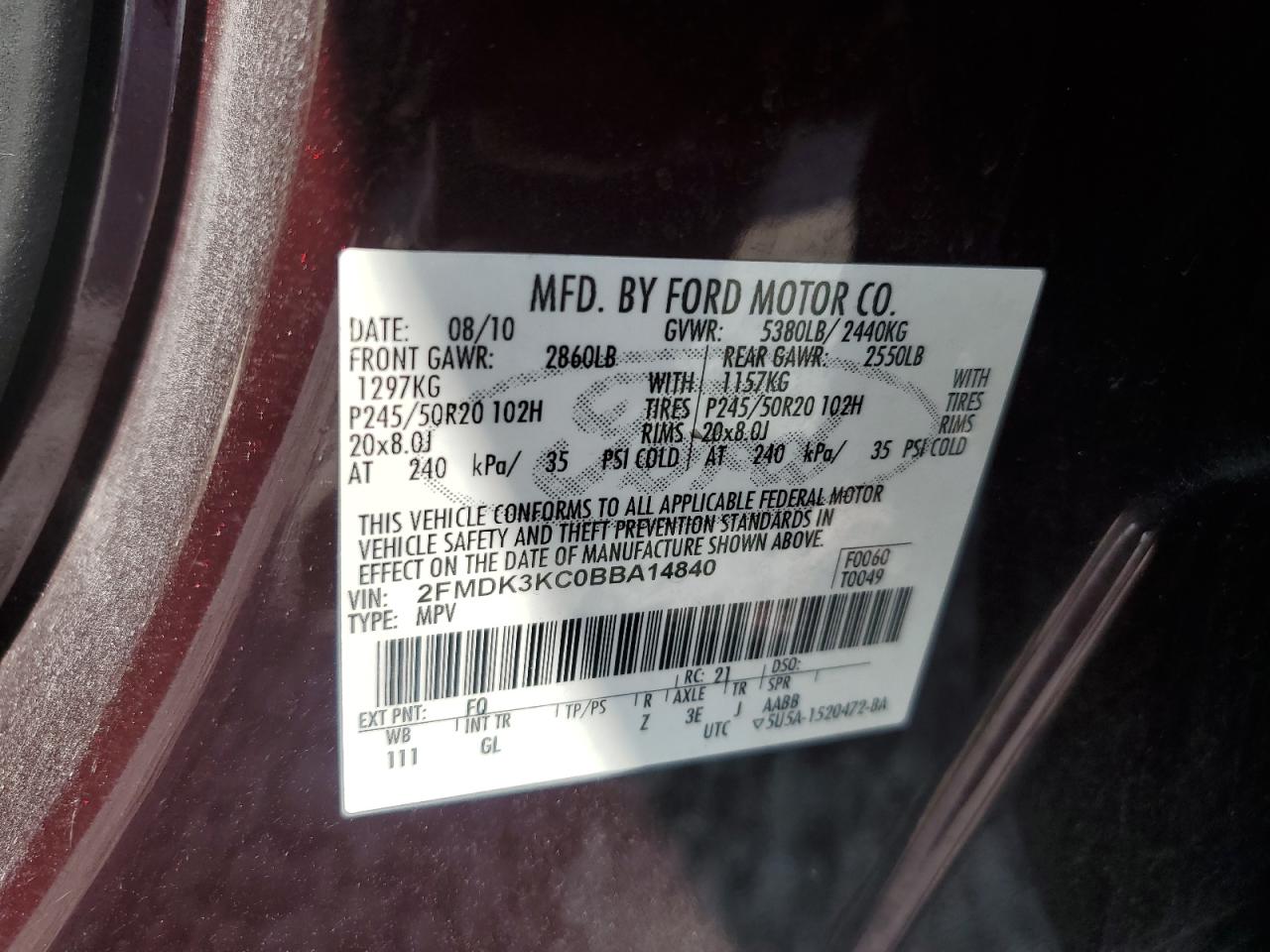 2011 Ford Edge Limited VIN: 2FMDK3KC0BBA14840 Lot: 81228325