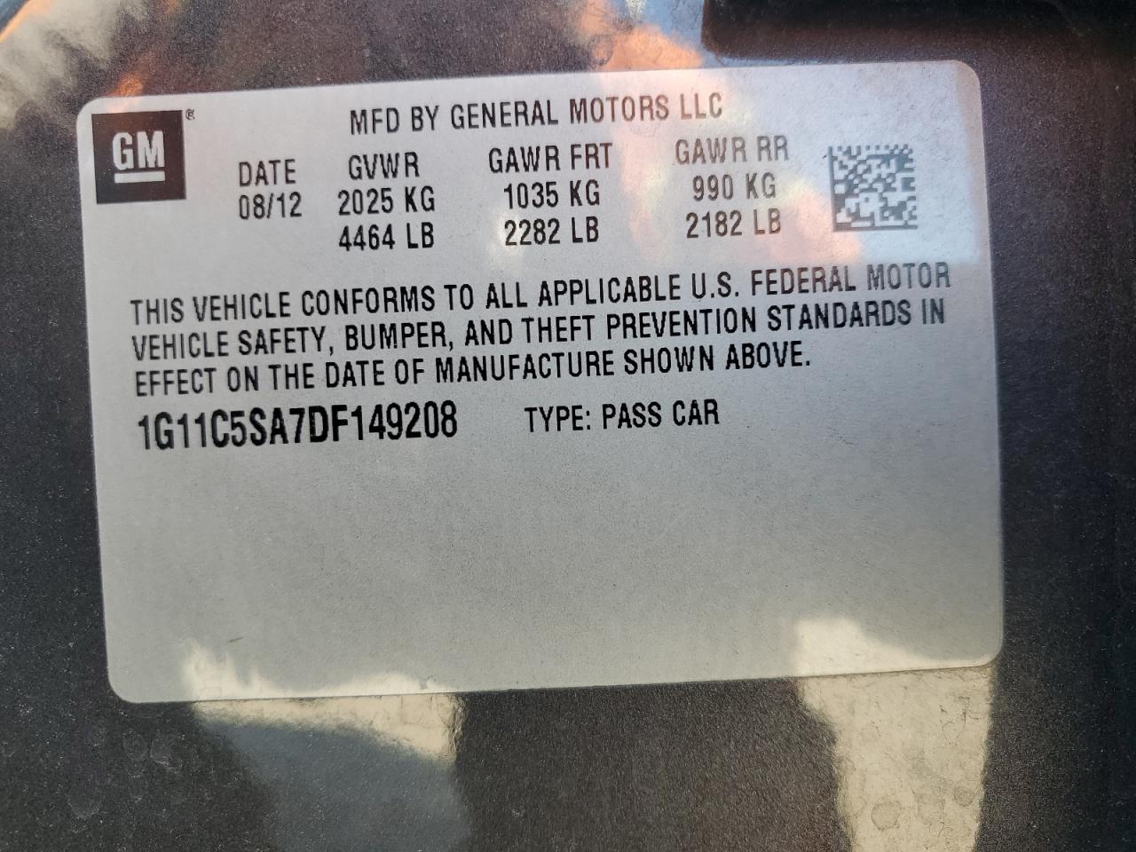 2013 Chevrolet Malibu 1Lt VIN: 1G11C5SA7DF149208 Lot: 81260505