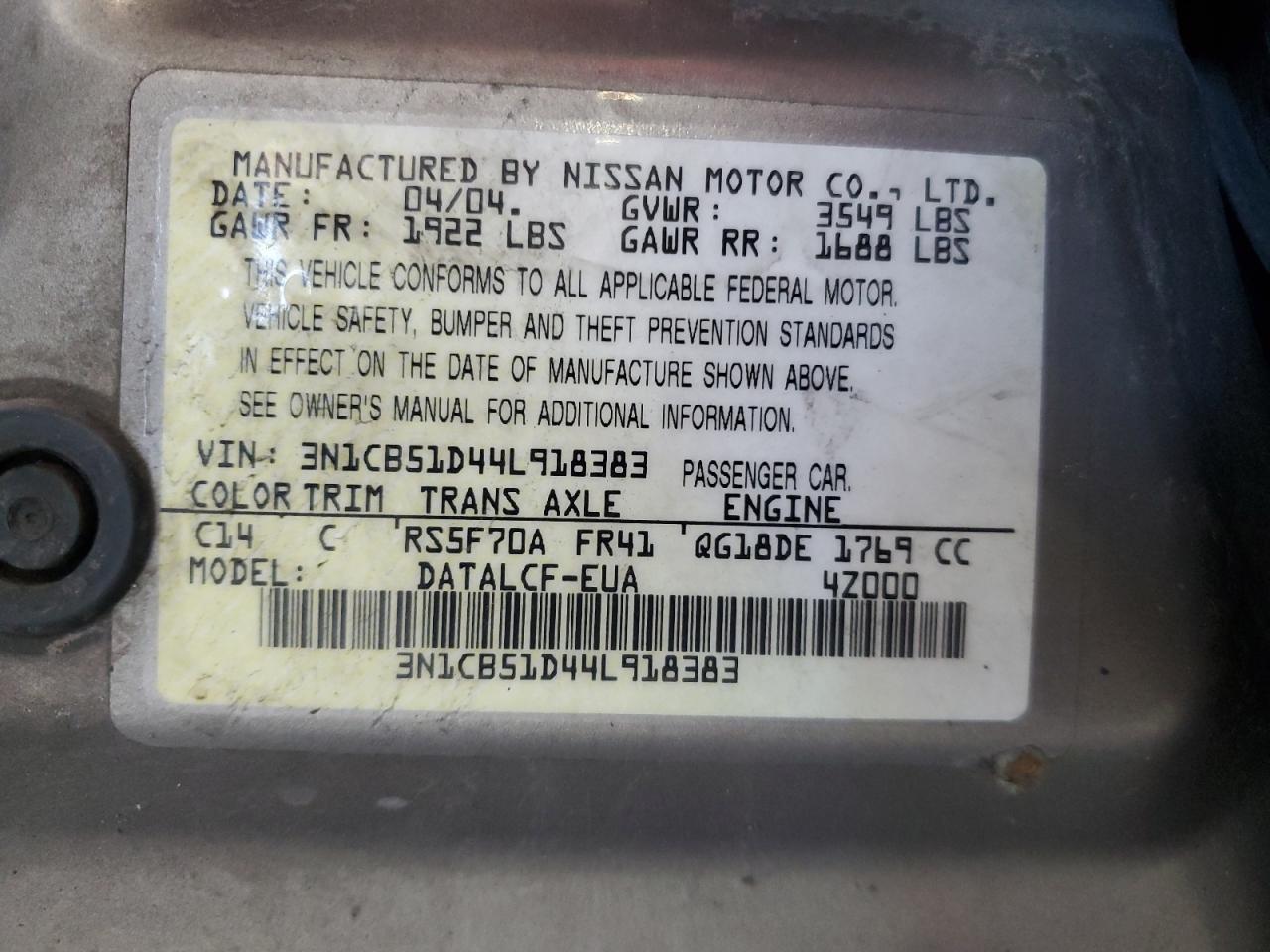 2004 Nissan Sentra 1.8 VIN: 3N1CB51D44L918383 Lot: 80636065